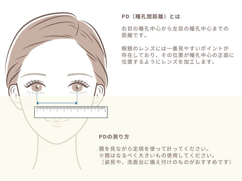 定規を使ったPD（瞳孔間距離）の測り方を説明する図